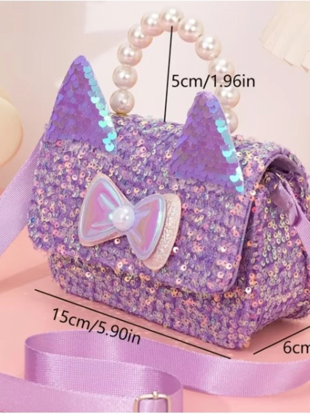 Purple Sequin Cat Ear Kids Crossbody Bag with Pearl Handle